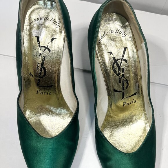 YVES SAINT LAURENT Hunter Green Satin Heels Size 7-1/2B - Picture 3 of 10